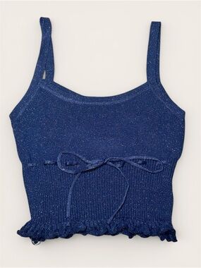 La Hearts Navy Shimmer Ribbed Top with Tie Front Size Small
